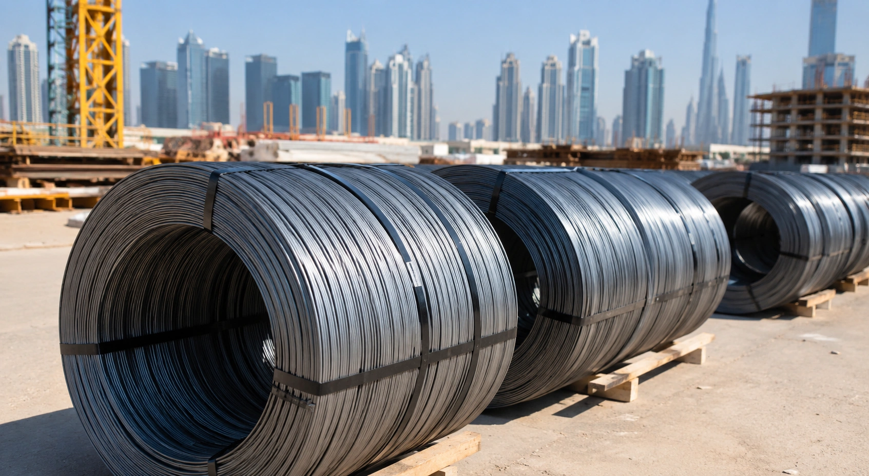 Compact steel coils at a UAE construction site with modern skyline