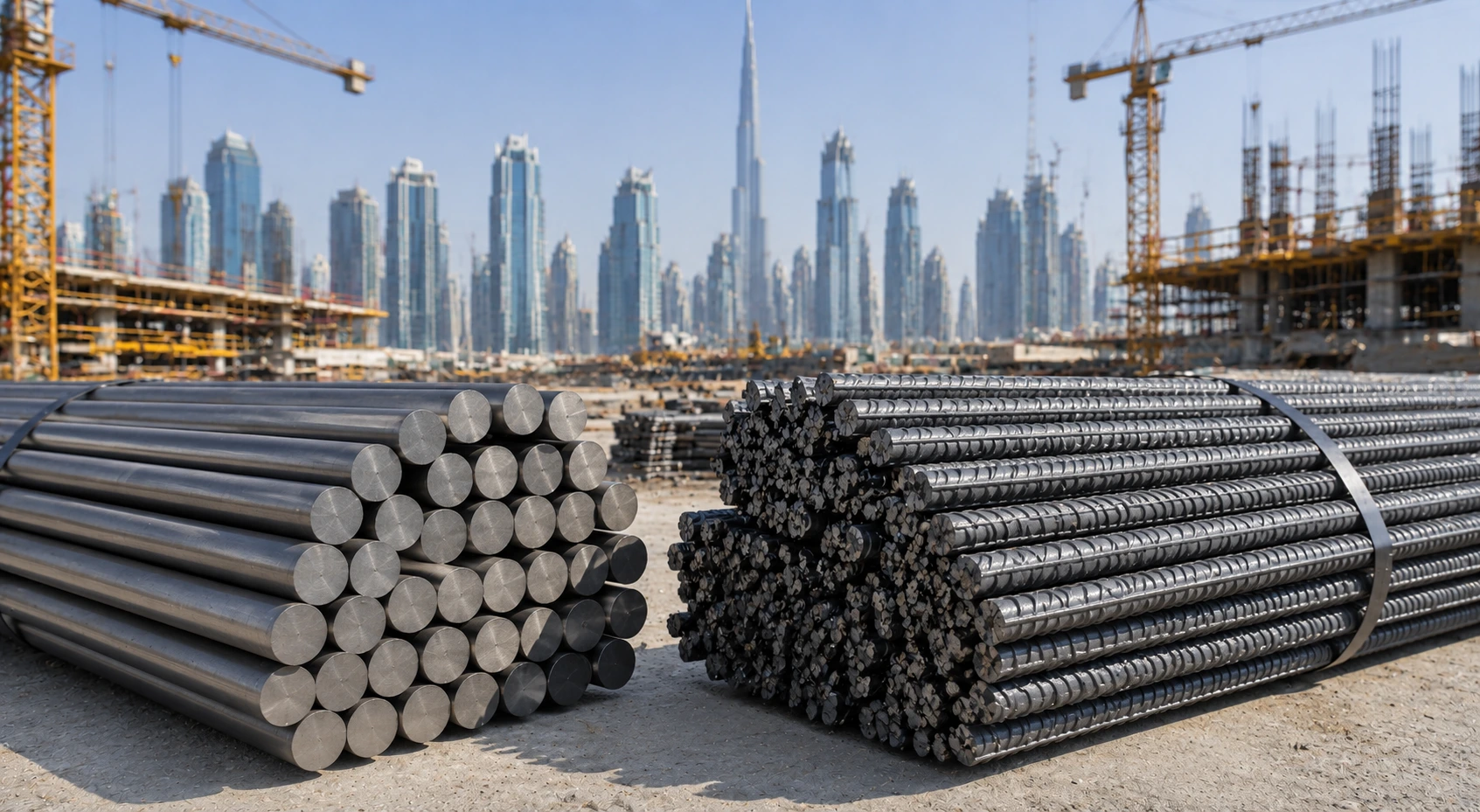 Plain steel bars and deformed bars at a UAE construction site